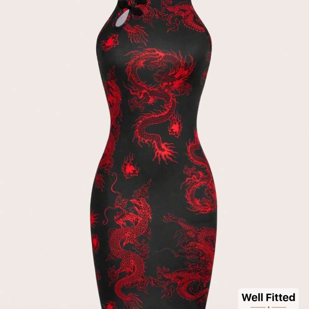 Elegant Black and Red Dragon Print Dress